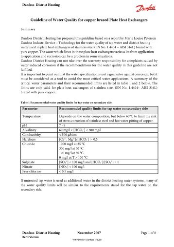 Guideline of Water Quality for copper brazed Plate ... - Danfoss.com