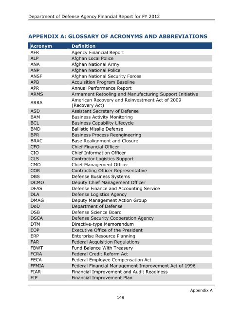 department of defense agency financial report fiscal year 2012