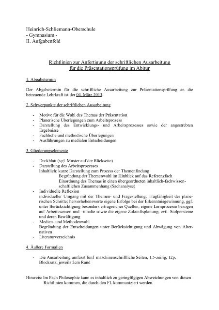 Schriftliche Ausarbeitung 5. Pk Musterbeispiel Richtlinien zur Anfertigung der schriftlichen Ausarbeitung für die