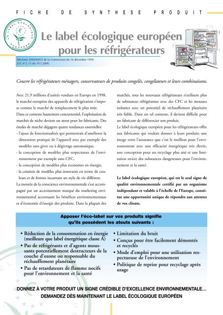 Fiche de synthese produit: réfrigérateurs - Ecolabel