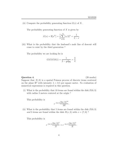 MAS328 Solutions to the final exam. Question 1. (20 marks) Four ...