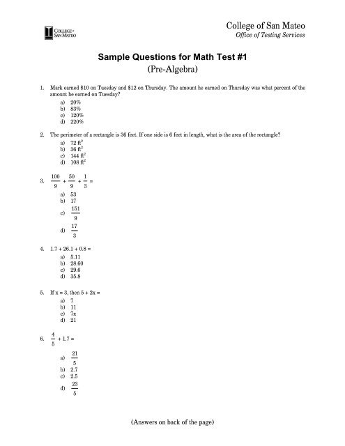 College Of San Mateo Sample Questions For Math Test #1 (Pre ...