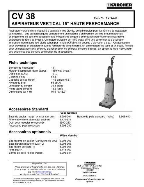 Fiche complète de l'appareil CV 38 - Welcome to Karcher Canada