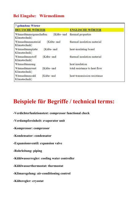 Woerterbuch Kaeltetechnik Mechatroniker Klimatechnik uebersetzungen Begriffe Thermodynamik Oefen 