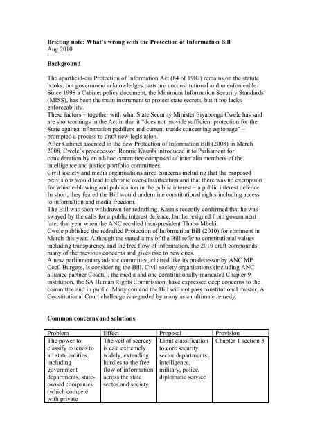 Briefing note-What's wrong with the Protection of Information Bill - Mg