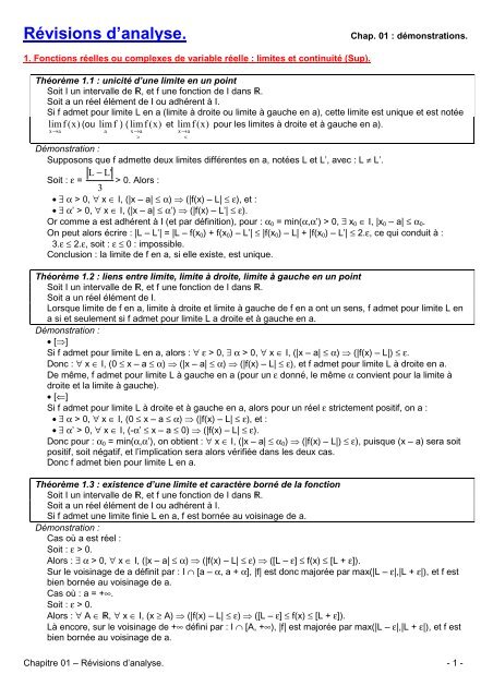 01 - 2 Révisions d'analyse Démonstrations - CPGE Dupuy de Lôme