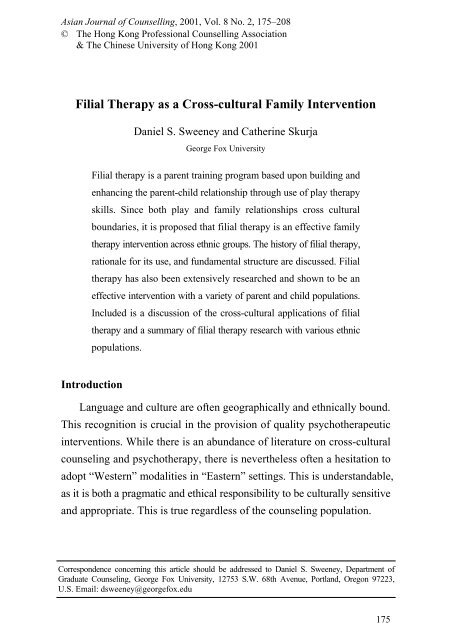 Filial Therapy as a Cross-Cultural Family Intervention - The Chinese ...