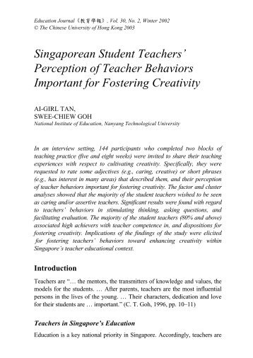 Perception of Teacher Behaviors Important for Fostering Creativity