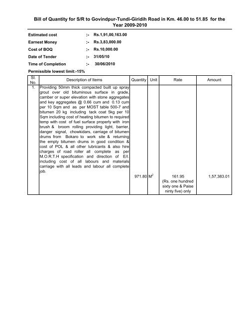 Bill of Quantity for S/R to Govindpur-Tundi-Giridih Road in Km. 46.00 ...