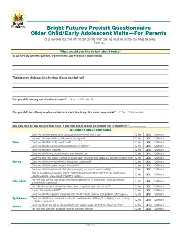 bright futures year questionnaire screening visit academy american aap month