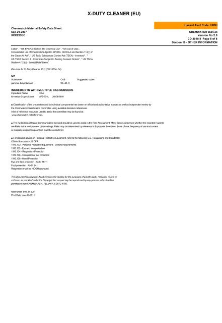 Chemwatch MSDS Print - Dry Treat