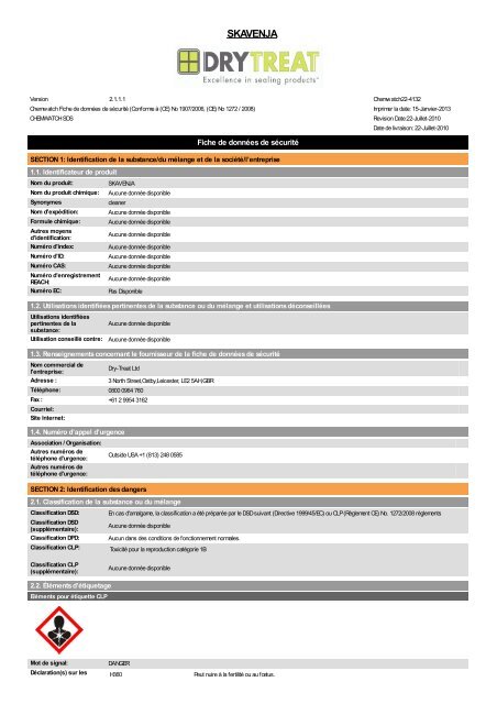 Chemwatch REACH MSDS for SKAVENJA - Dry Treat