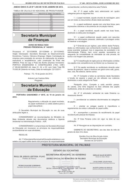 Secretaria Municipal da Educação - Diário Oficial de Palmas