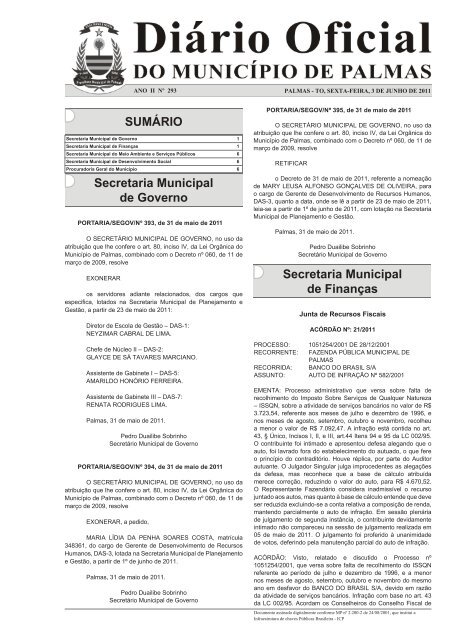 SUMÁRIO Secretaria Municipal de Governo Secretaria Municipal de ...