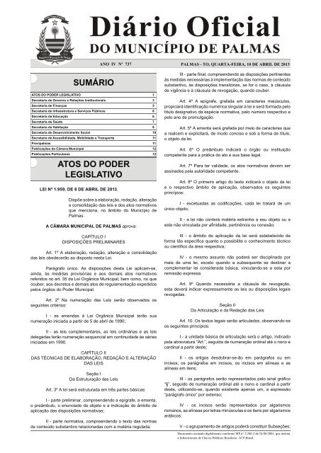 SUMÁRIO ATOS DO PODER LEGISLATIVO - Diário Oficial de Palmas