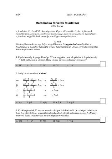 2006-os matematika felvételi feladatsor