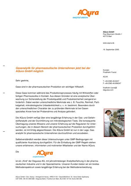 Gasanalytik Fur Pharmazeutische Unternehmen Aqura Gmbh