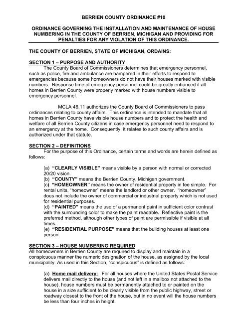 911 House Numbering Ordinance - Berrien County