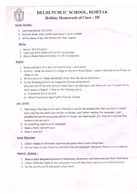 dps holiday homework for class 3