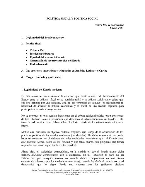 POLÍTICA FISCAL Y POLÍTICA SOCIAL 1. Legitimidad del Estado ...