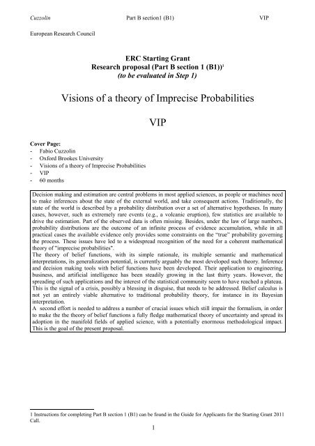 Visions of a theory of Imprecise Probabilities VIP - Oxford Brookes ...