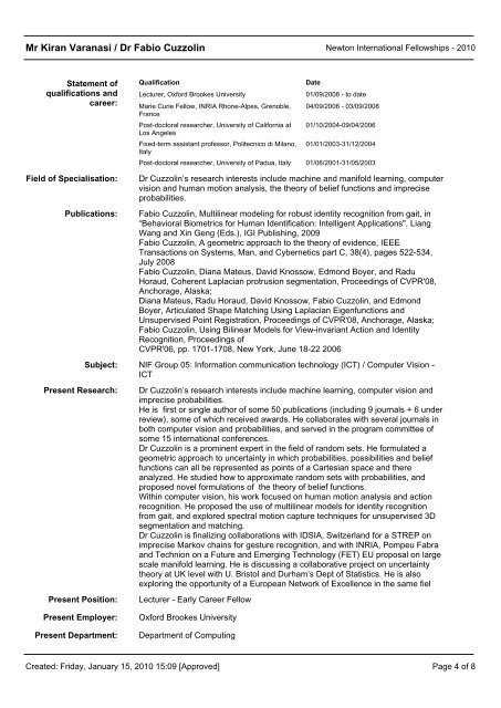 Mr Kiran Varanasi / Dr Fabio Cuzzolin Applicant Career Summary