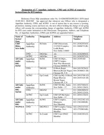 Nomination of 1st Appellate Authority under RTI Act