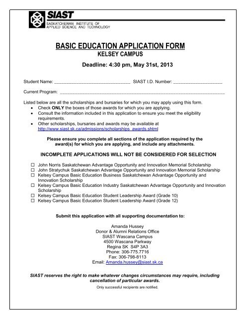 Kelsey Basic Education Student Awards Application Form