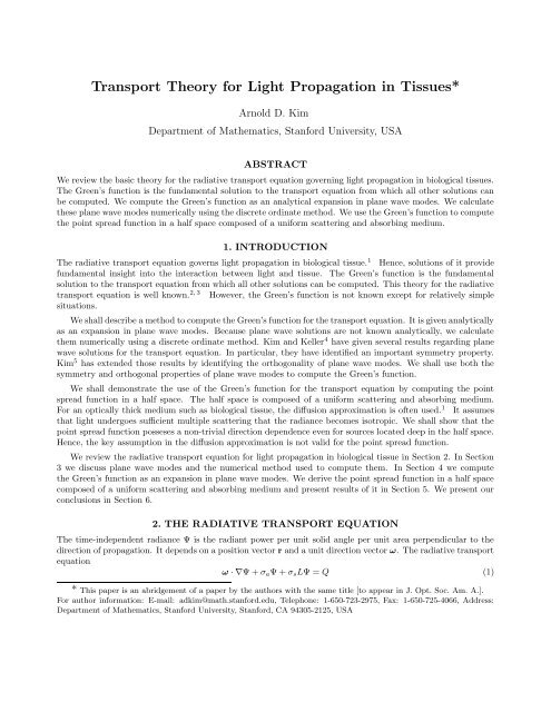 Transport Theory for Light Propagation in Tissues*