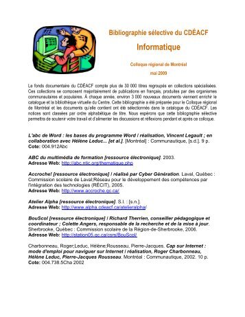 Informatique - Bibliothèque virtuelle - CDÉACF