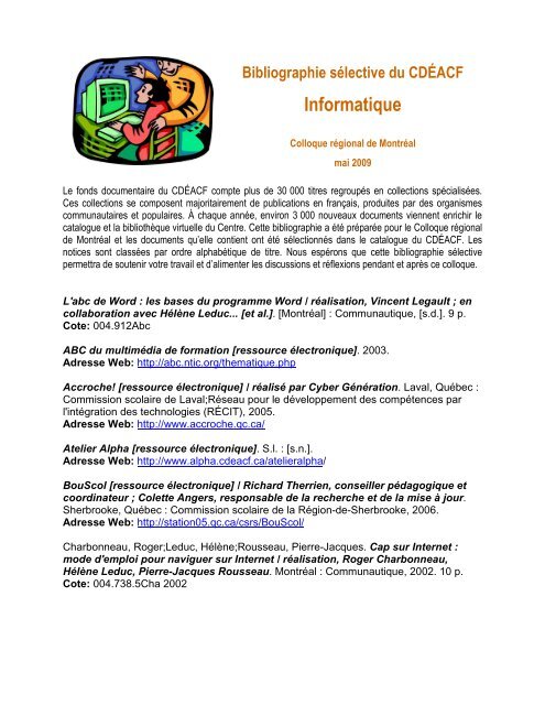 Informatique - Bibliothèque virtuelle - CDÉACF