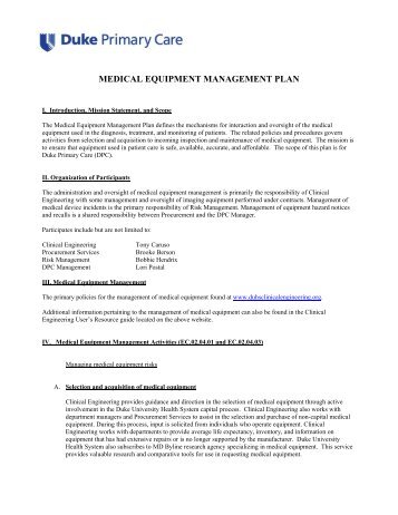 medical equipment management plan - Clinical Engineering - Duke ...