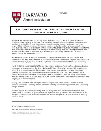 TRAVELS EXPLORING MYANMAR: THE LAND ... - Harvard Alumni