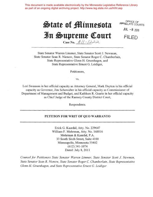 Petition for Writ of Quo Warranto - Minnesota State Legislature