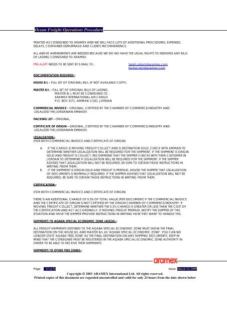 OCEAN FREIGHT OPERATIONS PROCEDURE - 2009 - Aramex