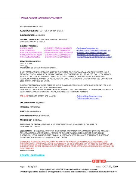 Ocean Freight Operations Procedure Issue: OCT 27, 2009 - Aramex