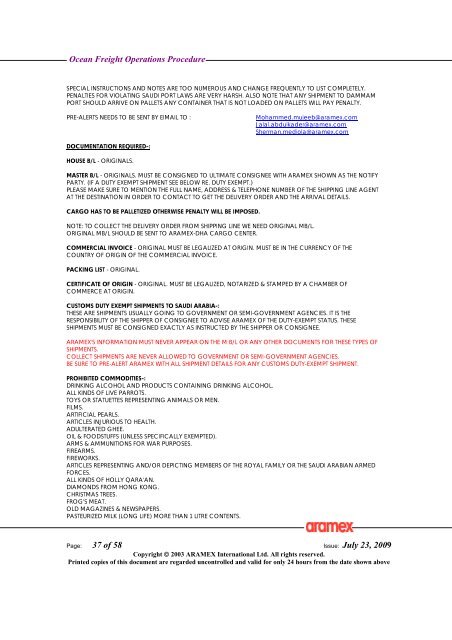 Ocean Freight Operations Procedure Issue: July 23, 2009 - Aramex