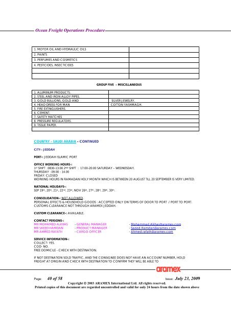 Ocean Freight Operations Procedure Issue: July 23, 2009 - Aramex