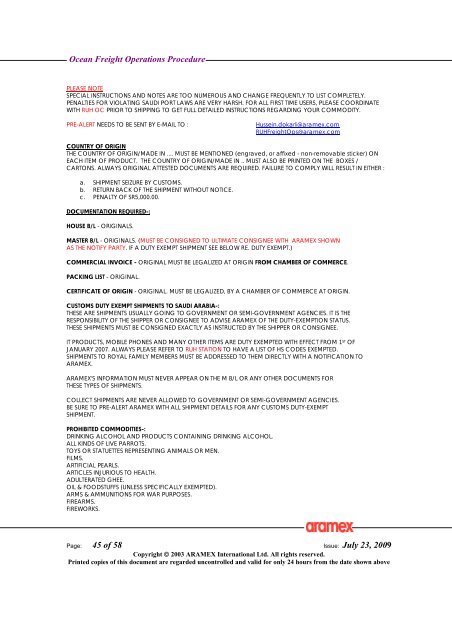 Ocean Freight Operations Procedure Issue: July 23, 2009 - Aramex