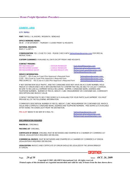 Ocean Freight Operations Procedure Issue: OCT. 20, 2009 - Aramex