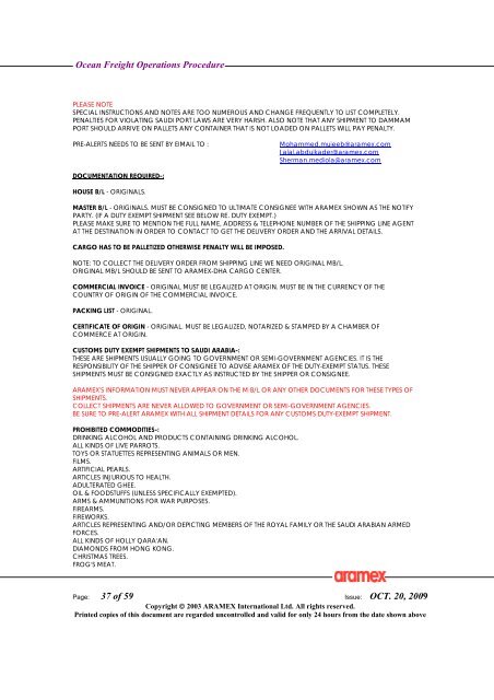 Ocean Freight Operations Procedure Issue: OCT. 20, 2009 - Aramex