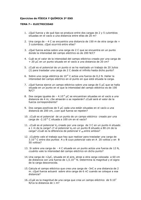 Ejercicios De Fisica Y Quimica 3º Eso Tema 7 Electricidad