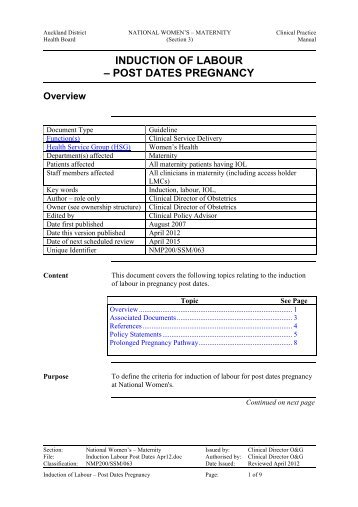 induction of labour – post dates pregnancy - National Women's ...