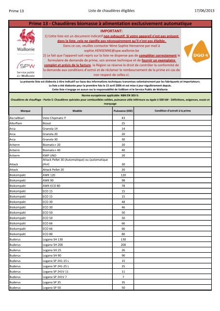 Liste des appareils de chauffage biomasse ... - Energie Wallonie