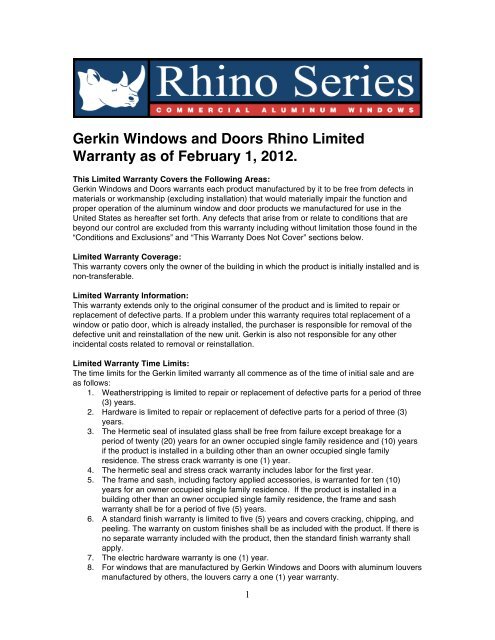 Gerkin Windows and Doors Rhino Limited Warranty as of February 1 ...