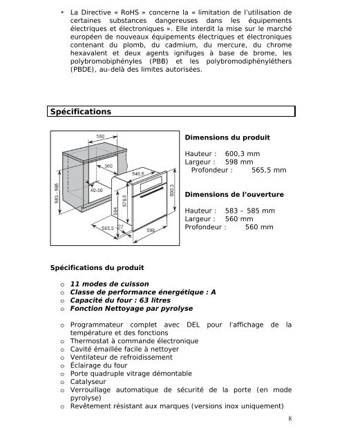 Four multifonctions pyrolyse à encastrer 60 cm POPM1132BL/SS/W
