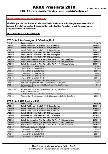 ARAX Preisliste 2010