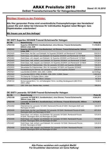 ARAX Preisliste 2010