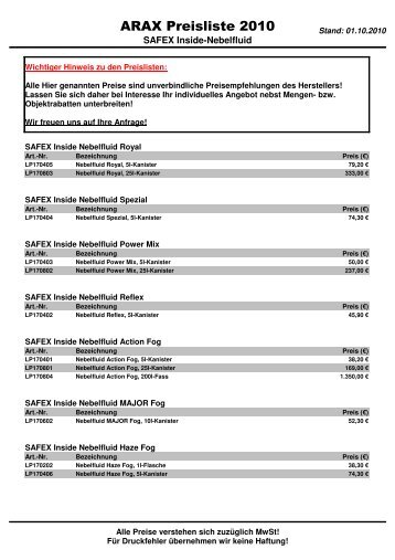 ARAX Preisliste 2010