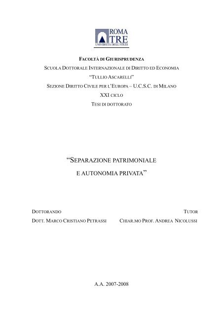 “SEPARAZIONE PATRIMONIALE E AUTONOMIA PRIVATA”